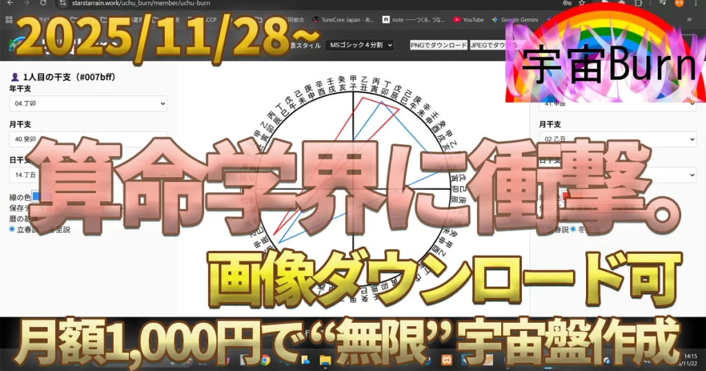 【算命学界に衝撃🔮】プロからアマまで😆宇宙盤作成ソフト「宇宙Burn🔥」【スマホ/PC両対応】あなたの算命学活動を1000倍便利にする月額1,000円のチートツール✨