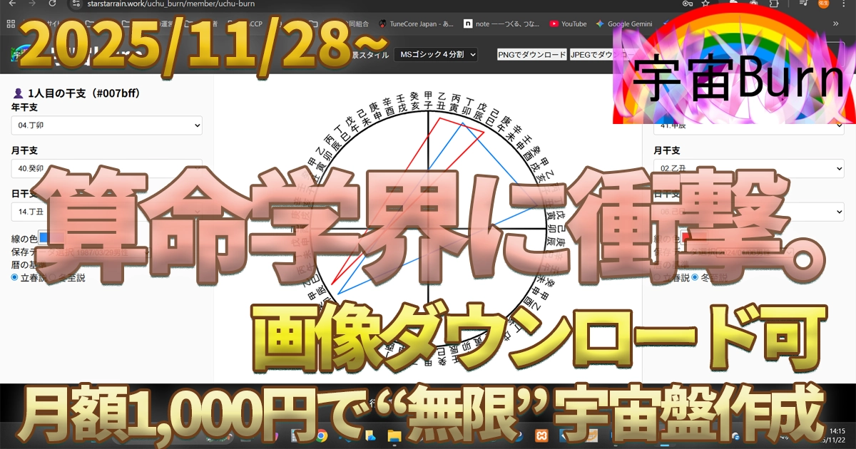 【算命学界に衝撃🔮】プロからアマまで😆宇宙盤作成ソフト「宇宙Burn🔥」【スマホ/PC両対応】あなたの算命学活動を1000倍便利にする月額1,000円のチートツール✨